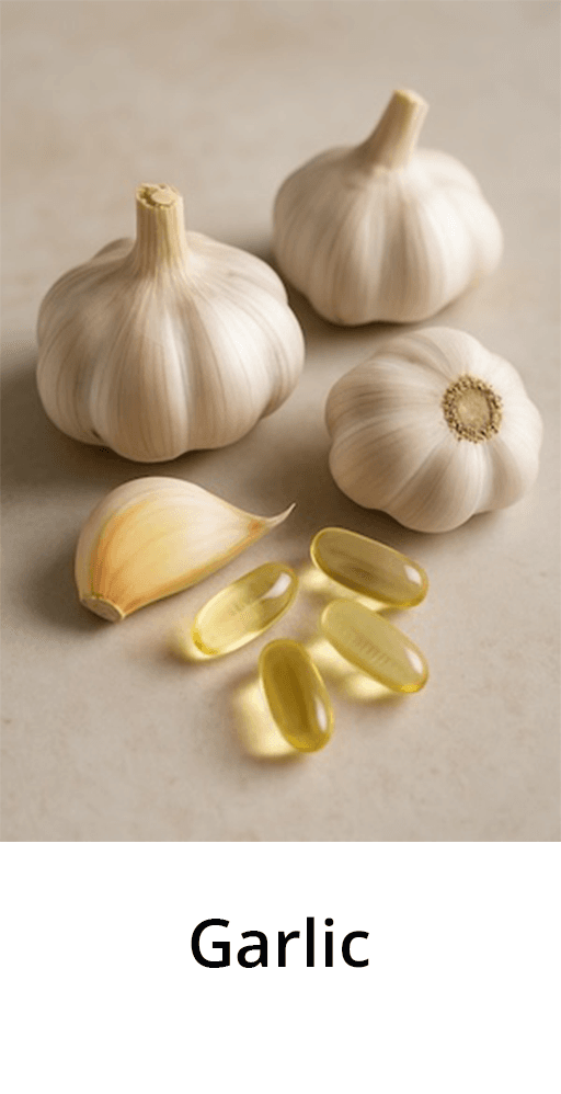 Garlic bulbs and softgel capsules, a traditional botanical used in Aethron supplements for heart and immune support