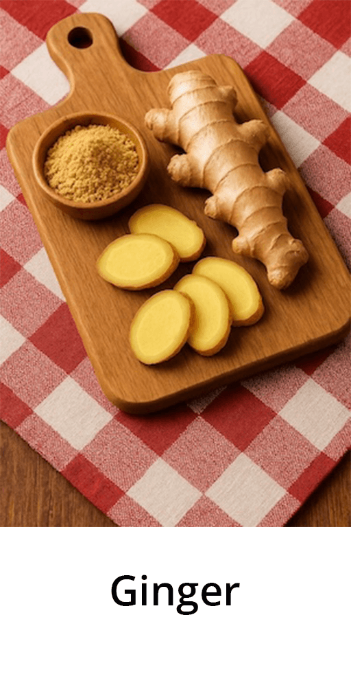Fresh ginger root, slices, and powder, a traditional warming botanical used in Aethron wellness formulations