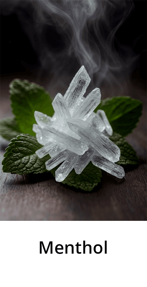 Menthol crystals, a natural cooling compound used in Aethron topical formulas