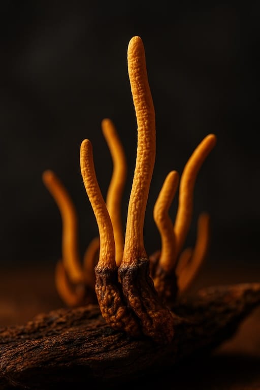Cordyceps mushrooms on a dark textured background, used in Aethron supplements for energy and performance support