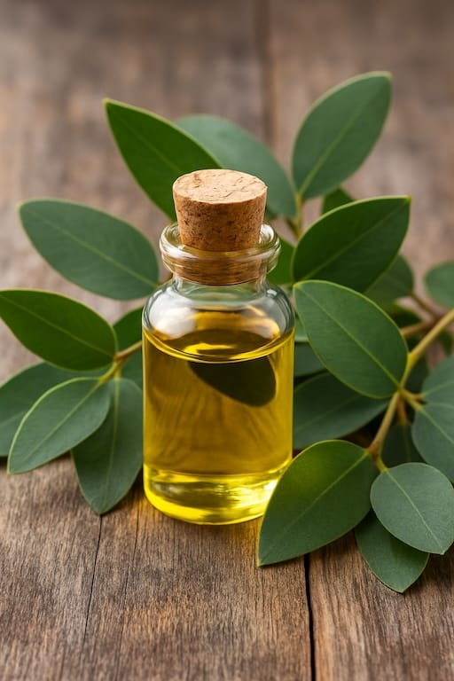 Eucalyptus leaves and essential oil bottle on a wooden surface, used in Aethron products for clarity and respiratory relief