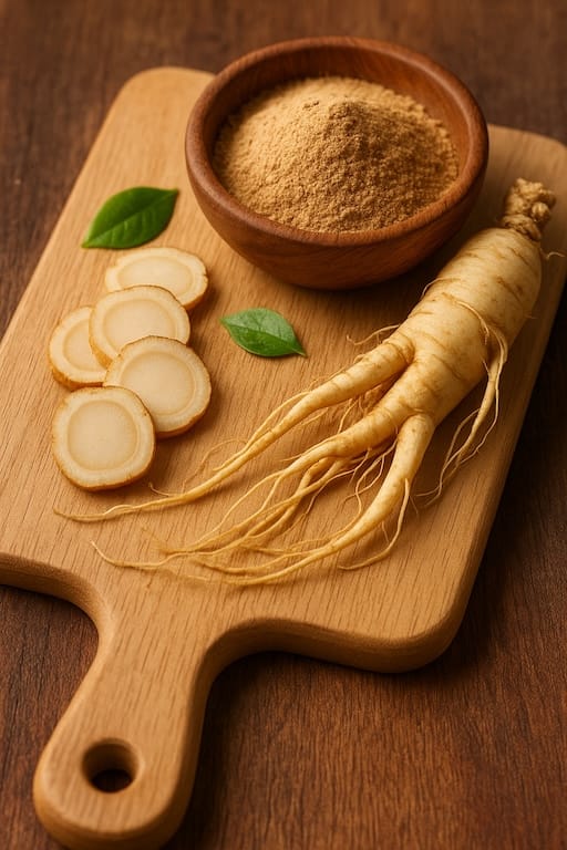 Panax ginseng root, sliced and powdered, styled in a clean wellness setting and used in Aethron energy-boosting products