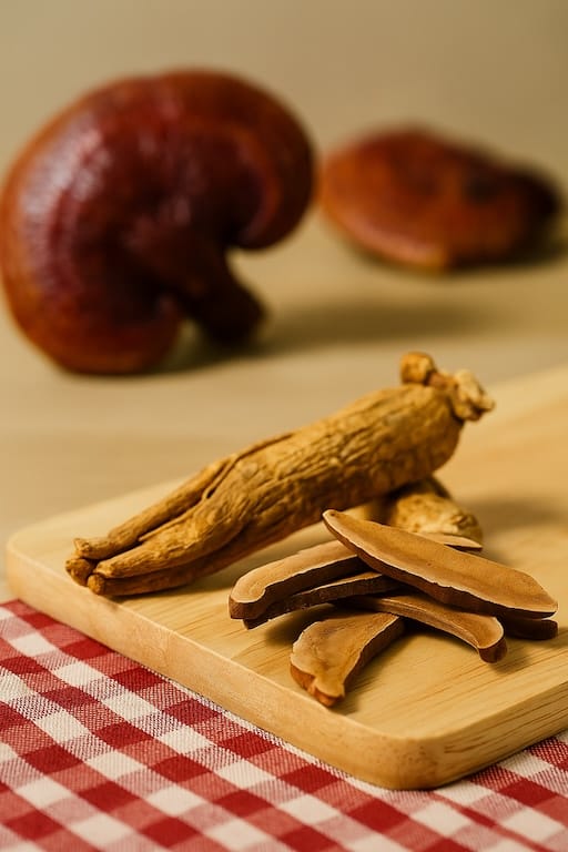 Fresh and dried Reishi mushrooms displayed in a natural setting, used in Aethron products for immune and adaptogenic support
