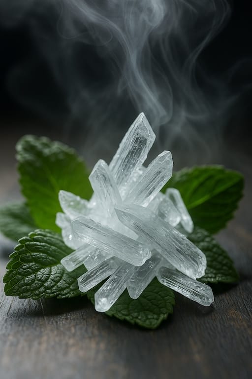 Transparent menthol crystals on a clean surface, used in Aethron products for natural cooling and soothing relief