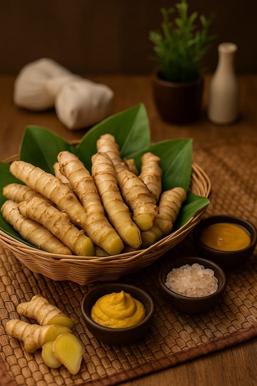 Fresh Plai roots displayed in a Thai wellness setting, used in Aethron products for soothing and anti-inflammatory effects