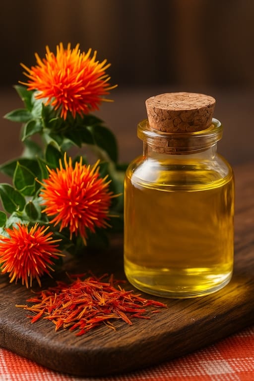 Safflower blossoms and golden oil in a wellness-themed setting, used in Aethron products for hydration and skin nourishment”