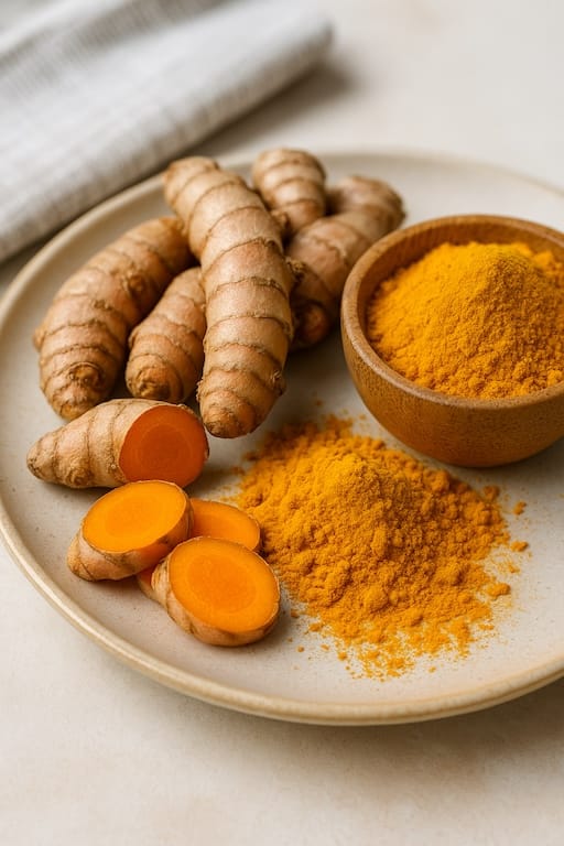 Fresh turmeric root, sliced and powdered, styled on a cutting board with vibrant natural colours, used in Aethron wellness products
