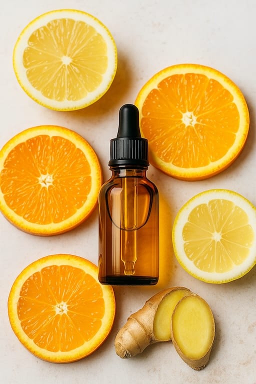 Citrus slices and a serum dropper bottle, styled for skincare and wellness, representing Vitamin C in Aethron formulations