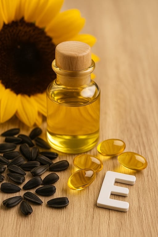 Golden Vitamin E capsules and oil on a soft surface, used in Aethron skincare and supplements for antioxidant and skin repair support