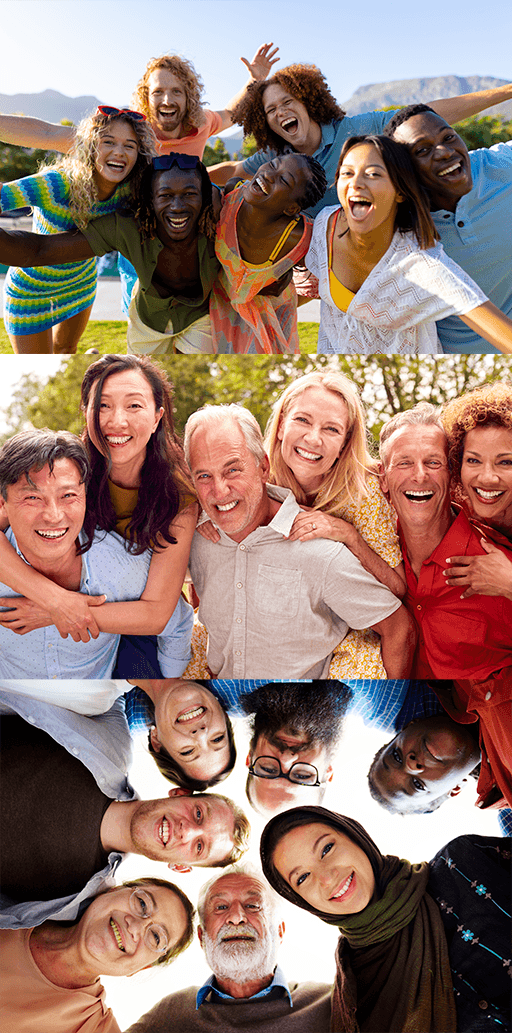 Diverse groups of smiling people from different cultures and age groups embracing outdoors and users of aethron products