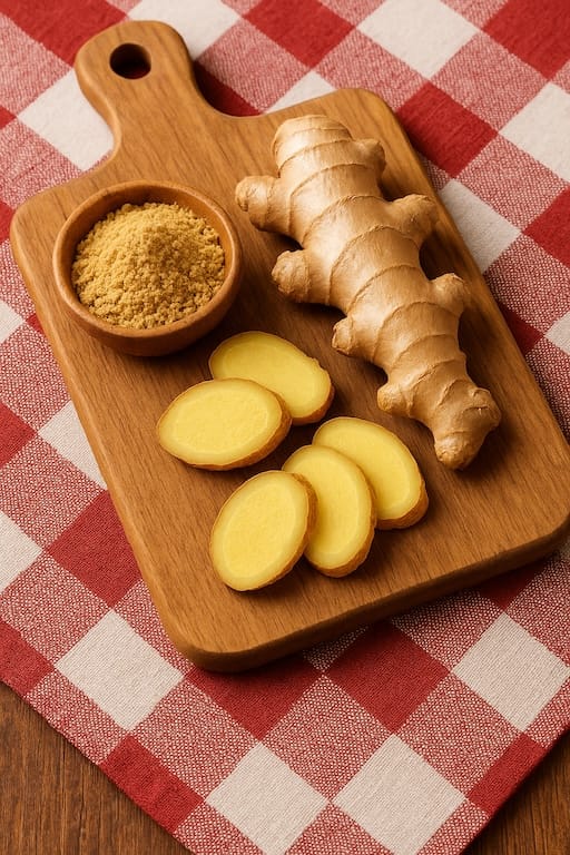 Fresh ginger root, sliced pieces, and powdered ginger on a cutting board with a red-and-white cloth, used in Aethron wellness products
