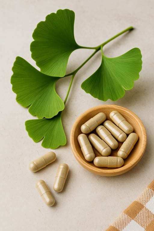 Ginkgo Biloba leaves and capsules on a natural background, used in Aethron supplements for memory and blood flow support