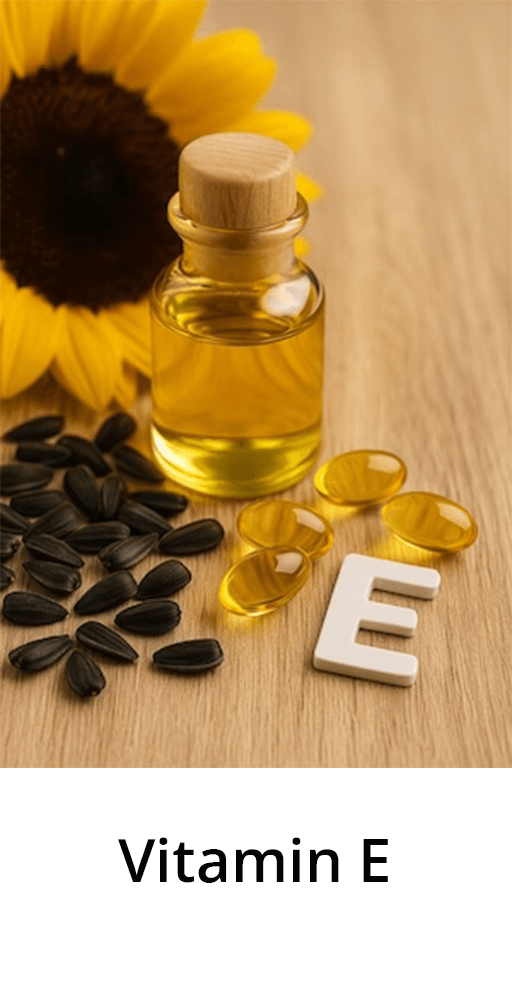 Golden oil and capsules,  Vitamin E as an antioxidant and skin-repairing nutrient in Aethron products