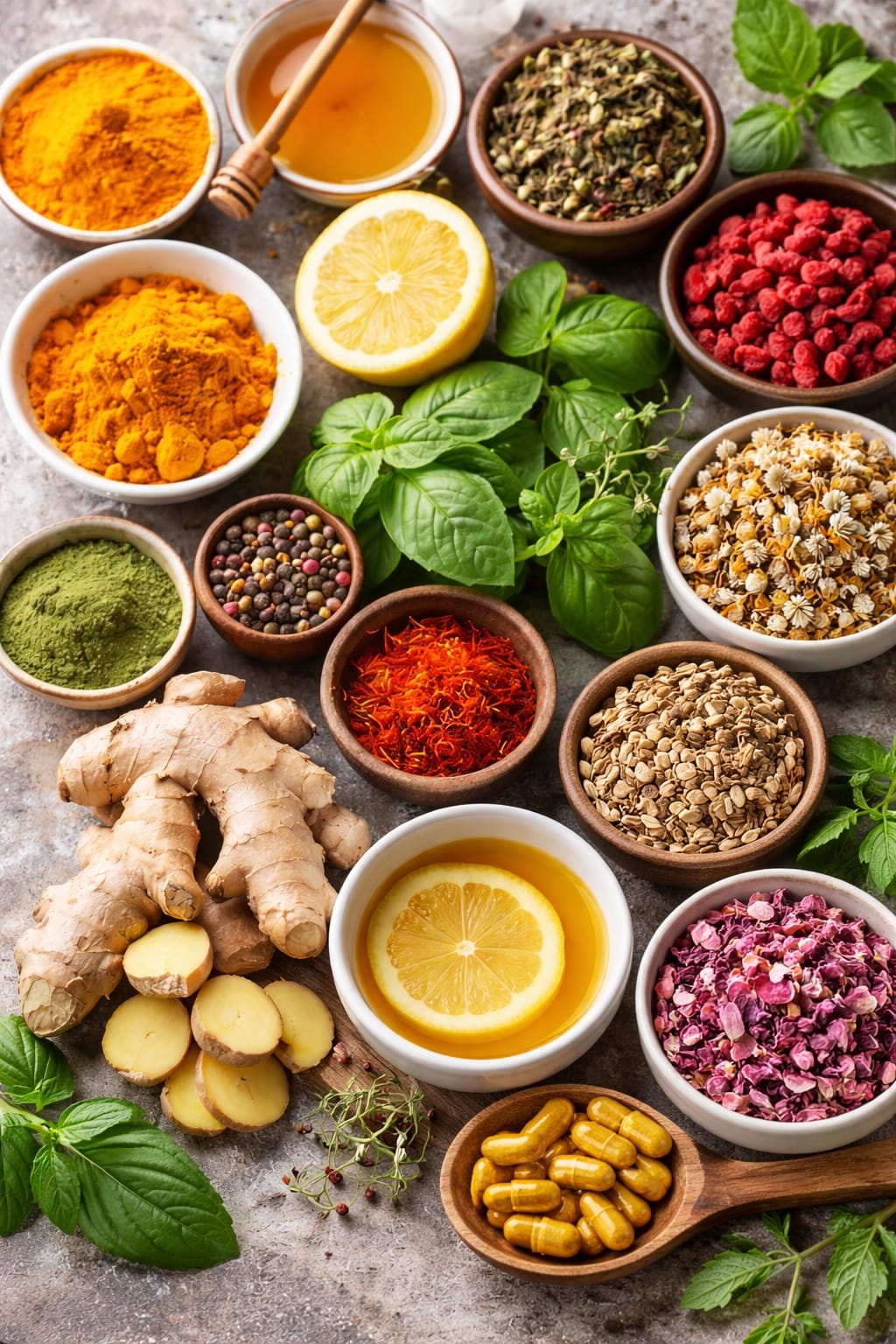 A range of traditional medicinal herbs and spices in bowls.