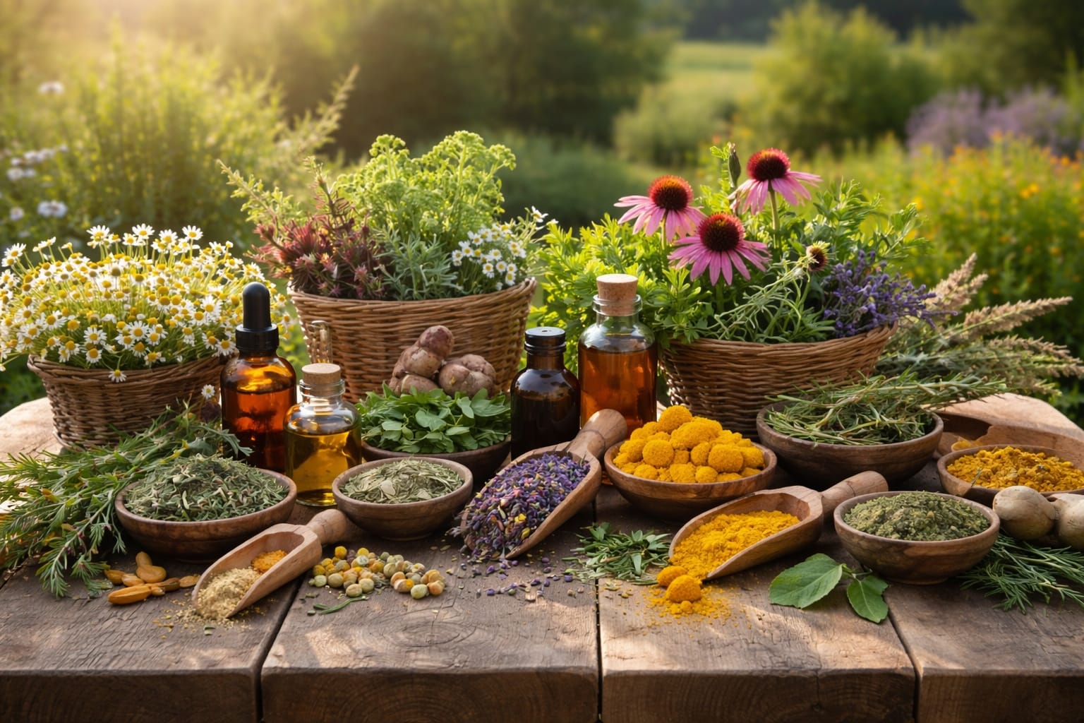 Selection of natural medicinal herbs, botanicals, oils and plant powders used in traditional herbal formulations.
