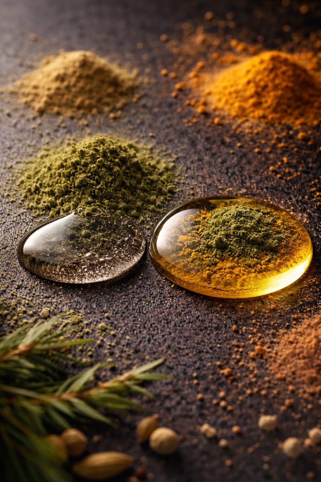 Plant bioactives in powder form are shown partially dissolved in liquid.