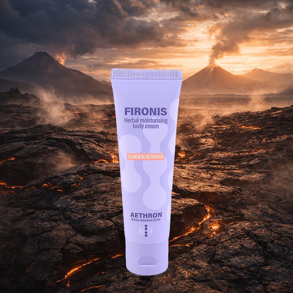 The tube of Fironis warming moisturising cream floats in front of a lava field... 