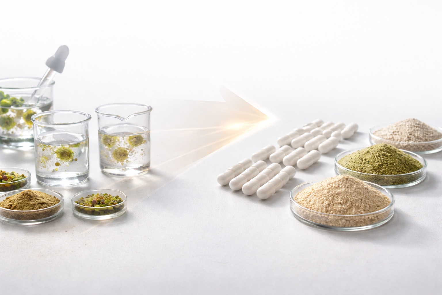 A picture with an abstract arrow representing the change from natural discovery to creating products. 