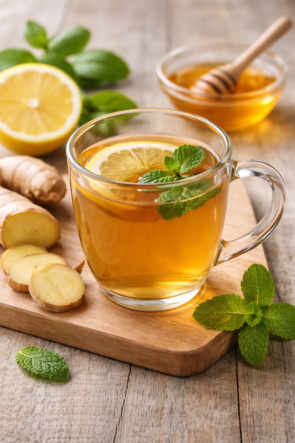The picture shows a cup of ginger tea with lemon and honey in the background. 
