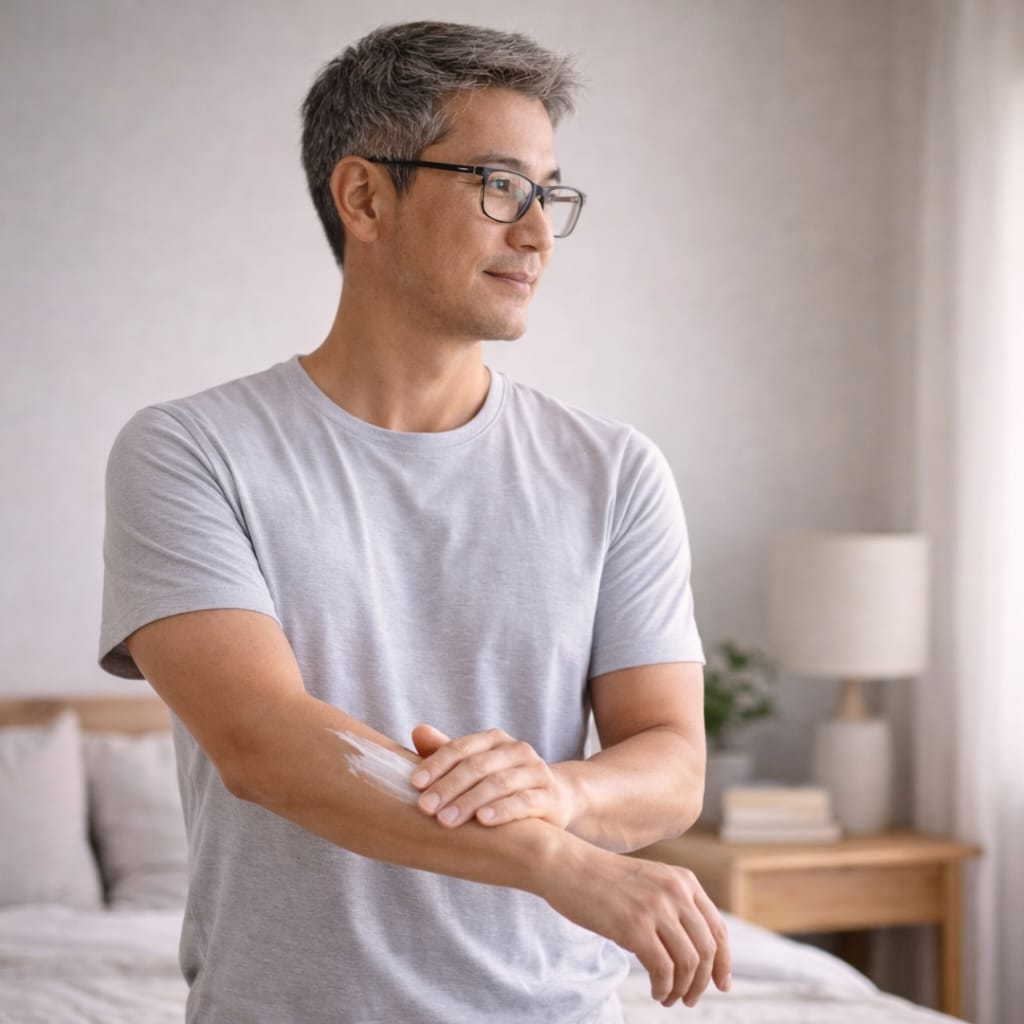 Middle-aged man applying body cream to his forearm as part of a calm, everyday body care routine.