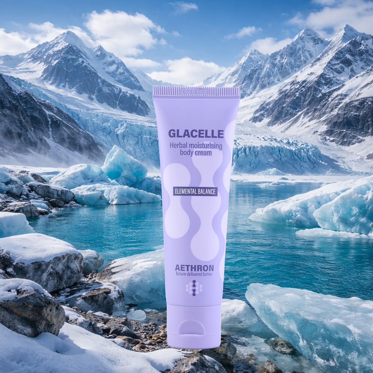Glacelle herbal moisturising body cream displayed against an ice and glacier landscape.