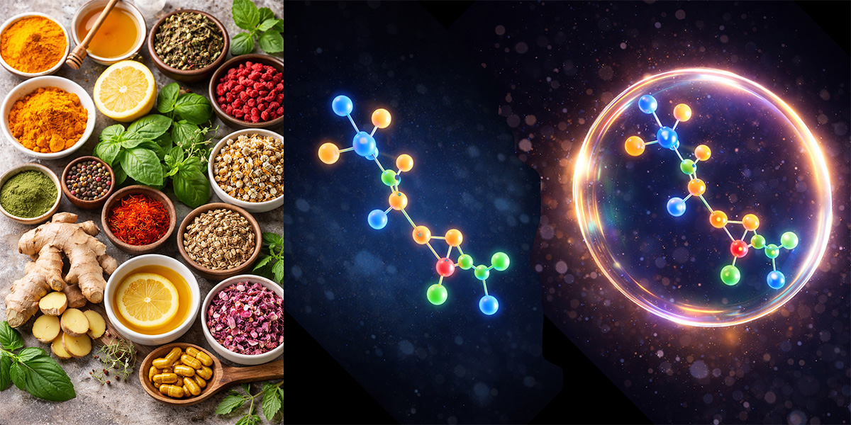 The picture shows a representation of an unencapsulated and encapsulated molecule of a natural herbal medicine. 