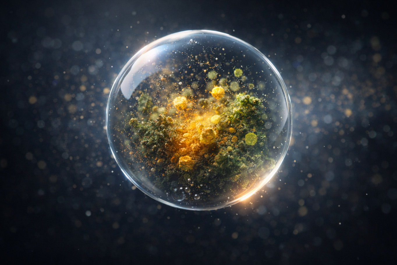 An abstract representation of botanical elements encapsulated in a thin sphere. 