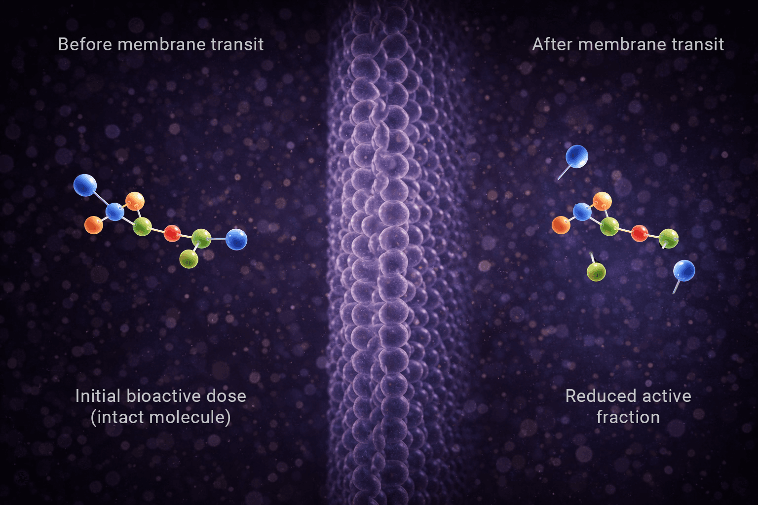 Unprotected-Bioactive-Membrane-Transit-Molecular-Degradation The image shows what can happen to an unprotected molecule as it passes through a membrane in the body as it loses some atoms.