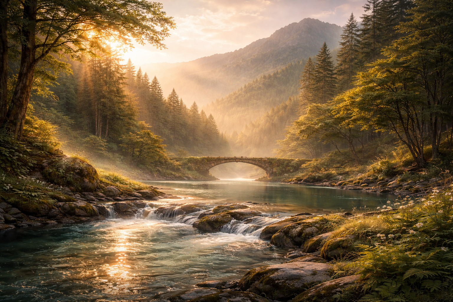 Serene emerald valley at dawn with layered hills, flowing river and warm morning light, representing the Emerald Basin from the Land of Aethron associated with Alveris and Inner Harmony.