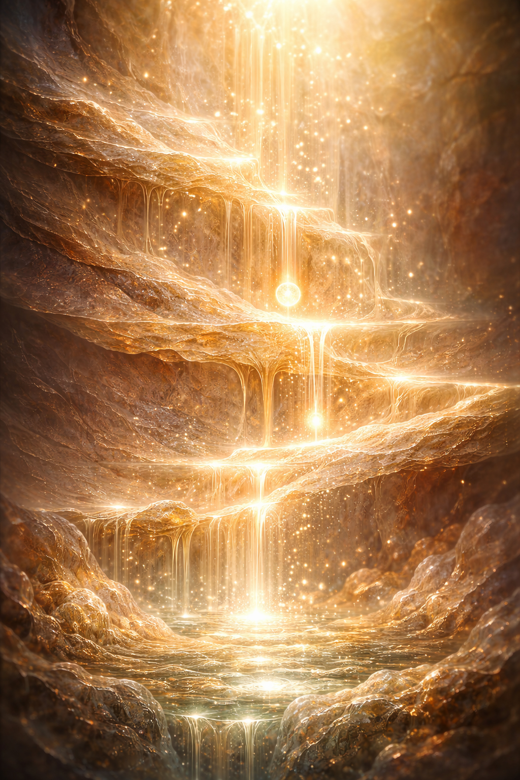 Abstract vertical image of cascading mineral formations with warm golden light flowing through layered stone, symbolising structured liver detox pathways and sustained internal clarity.