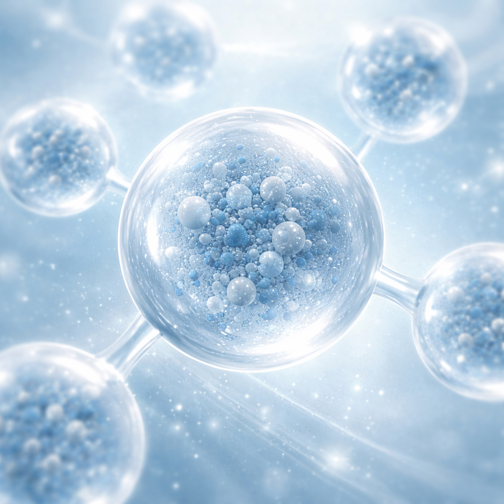 Abstract illustration of translucent nano-encapsulated particles suspended in a soft luminous field, representing structured stability and controlled delivery in Alveris formulation.