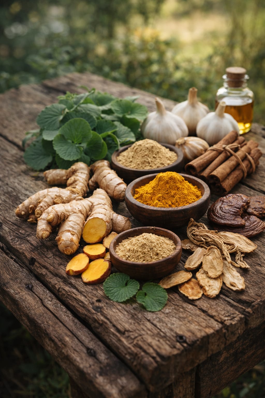Traditional botanical herbs and spices used in Aethron formulations, photographed on a natural wooden table