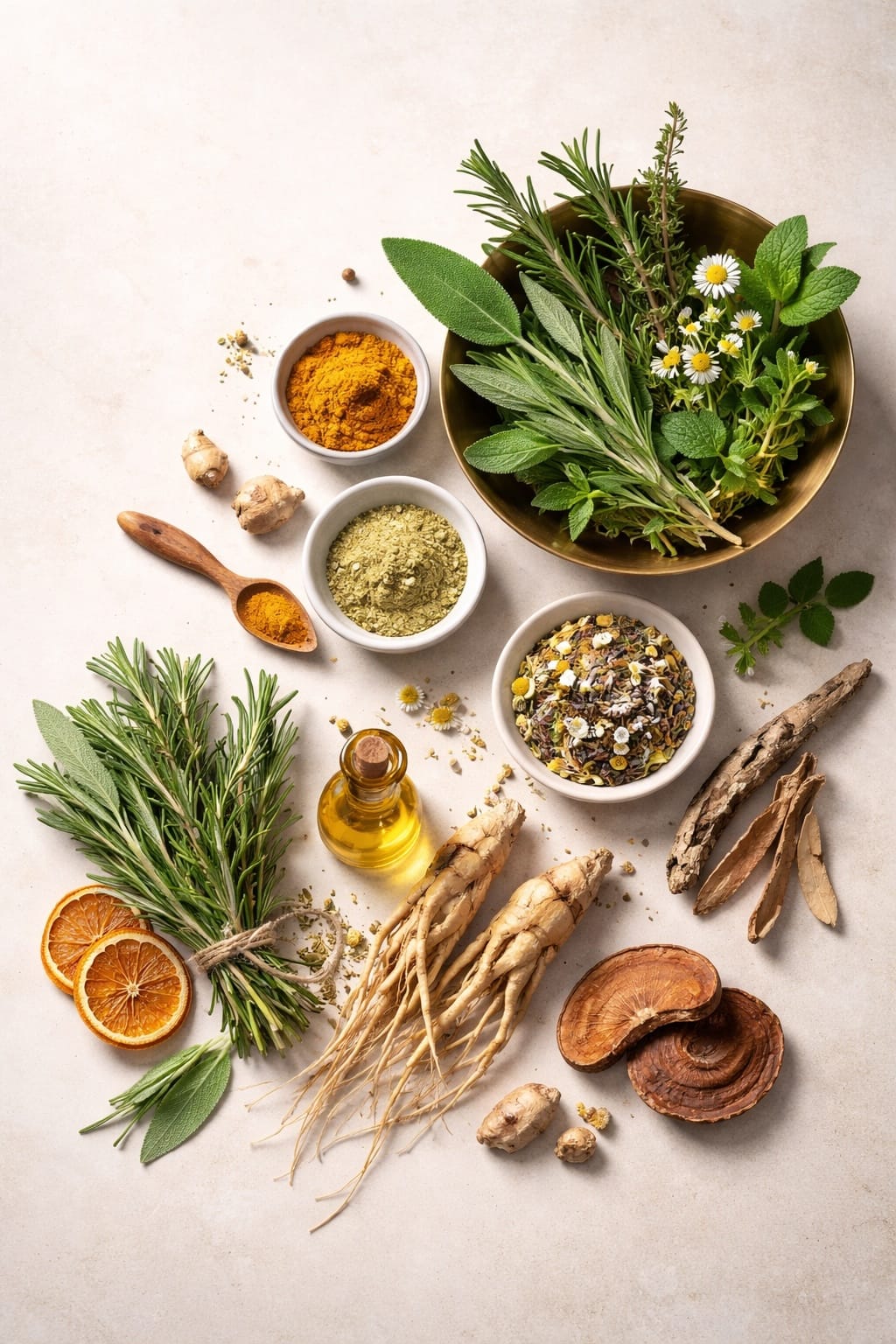 aethron-botanical-origins-natural-ingredients Carefully arranged natural botanical ingredients including herbs, roots, and plant extracts, reflecting Aethron’s considered approach to delivering nature intelligently.