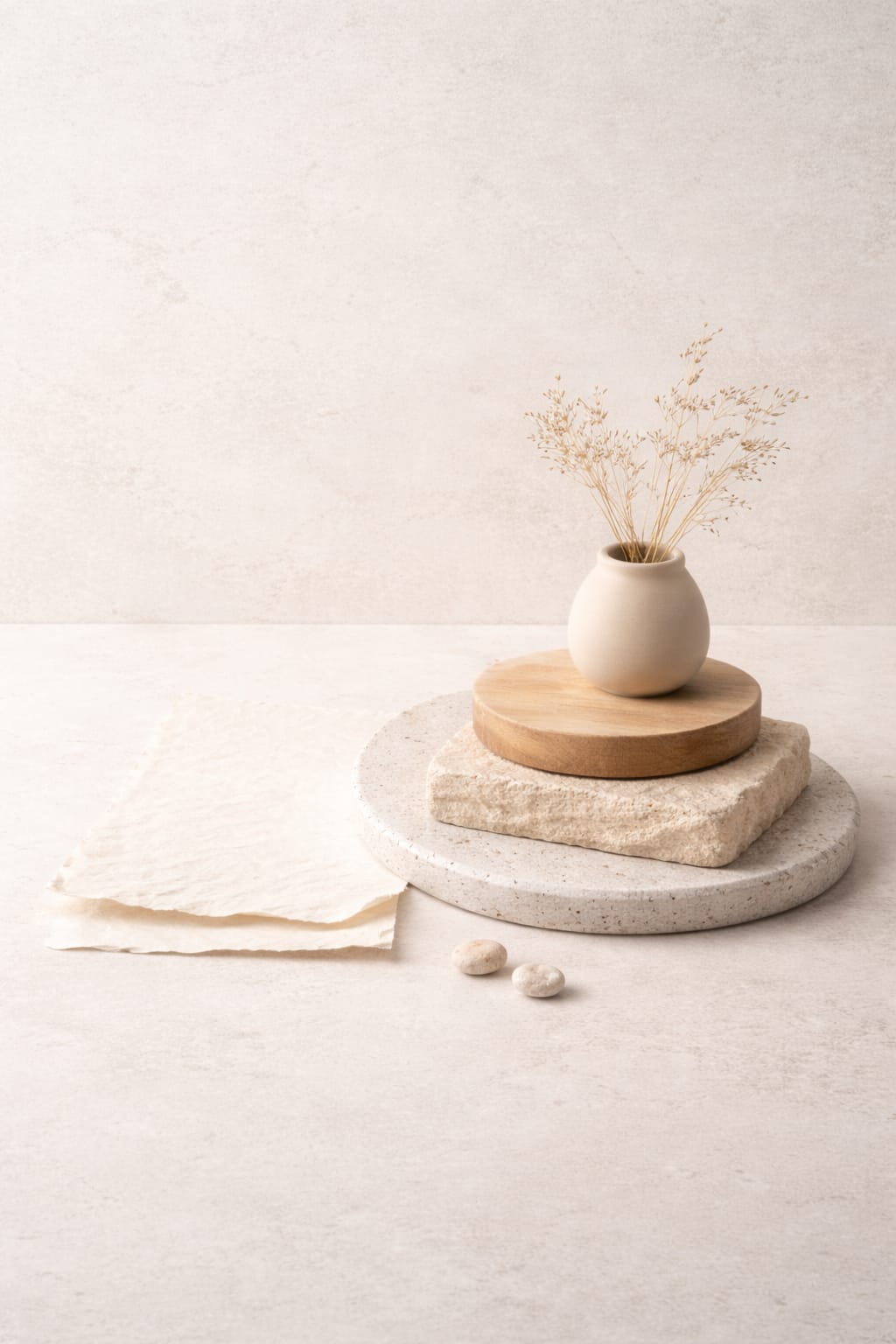 aethron-considered-wellness-design-philosophy Minimal still life composition using natural materials and neutral tones, representing Aethron’s considered and disciplined approach to modern wellness design.