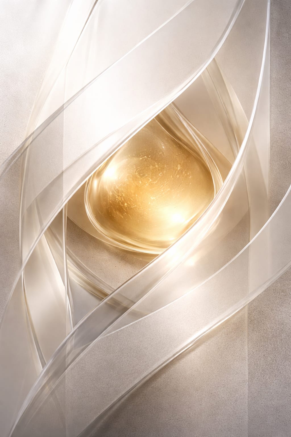 aethron-delivery-protection-abstract-01 Abstract image of a translucent, glass-like structure enclosing a softly illuminated core, representing protected botanical ingredients within a stable delivery system.