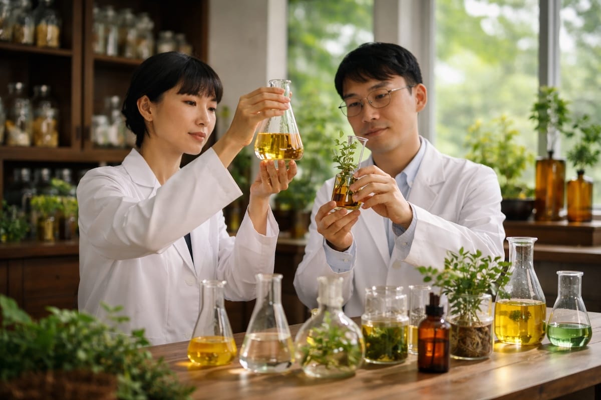 aethron-delivery-science-formulation-lab Two scientists working with botanical extracts and glassware in a formulation laboratory, representing Aethron’s delivery science and formulation-first approach.