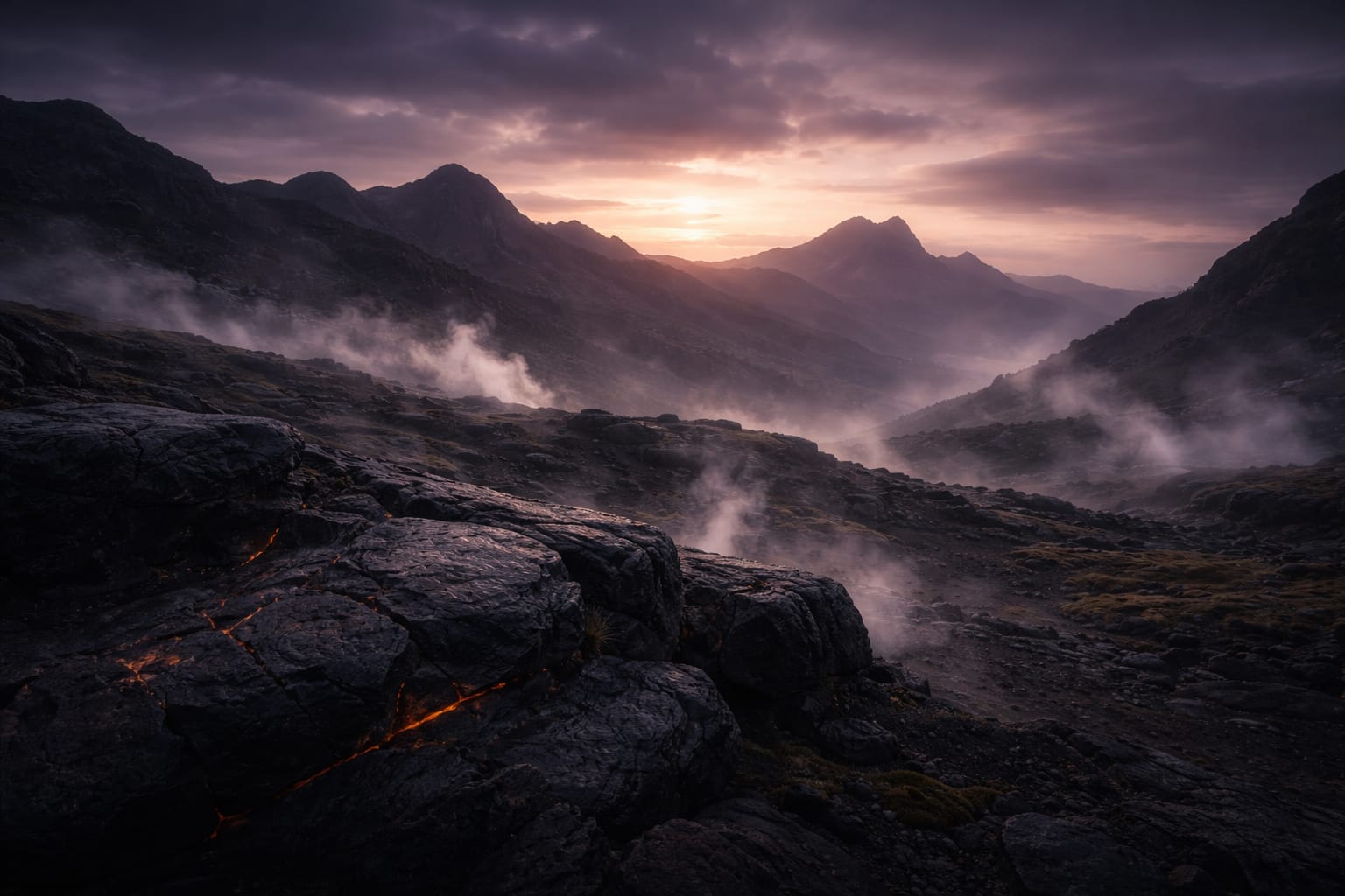 Volcanic highland landscape from the Flameforged regions of Aethron, with dark basalt stone, geothermal steam, and distant peaks at dusk.