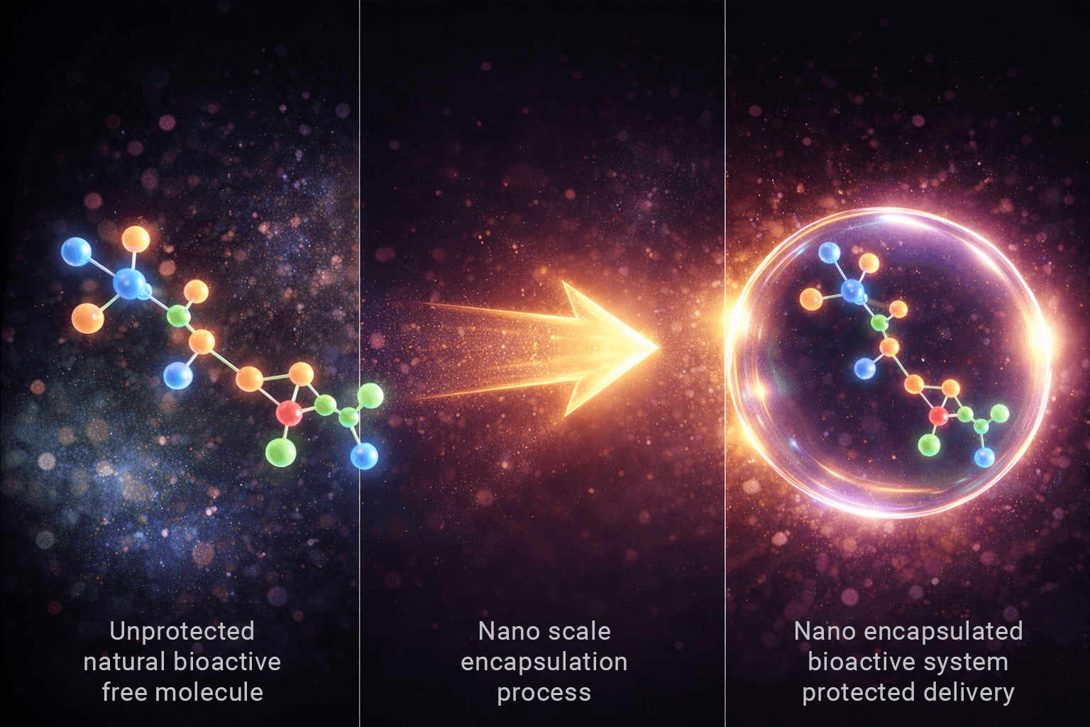 aethron-nano-encapsulation-process-representation A representation of the Aethron nano encapsulation process protecting a bioactive molecule in a nano meter thin sphere