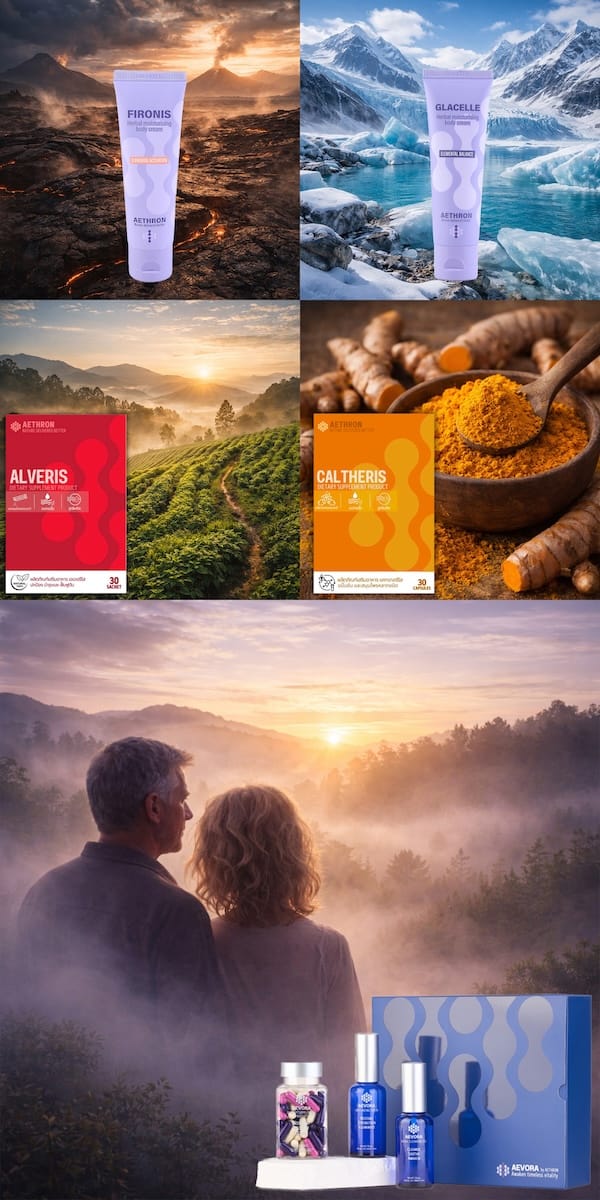 Aethron wellness and skincare products presented across natural landscapes, reflecting botanical ingredients, delivery science, and real-world use.
