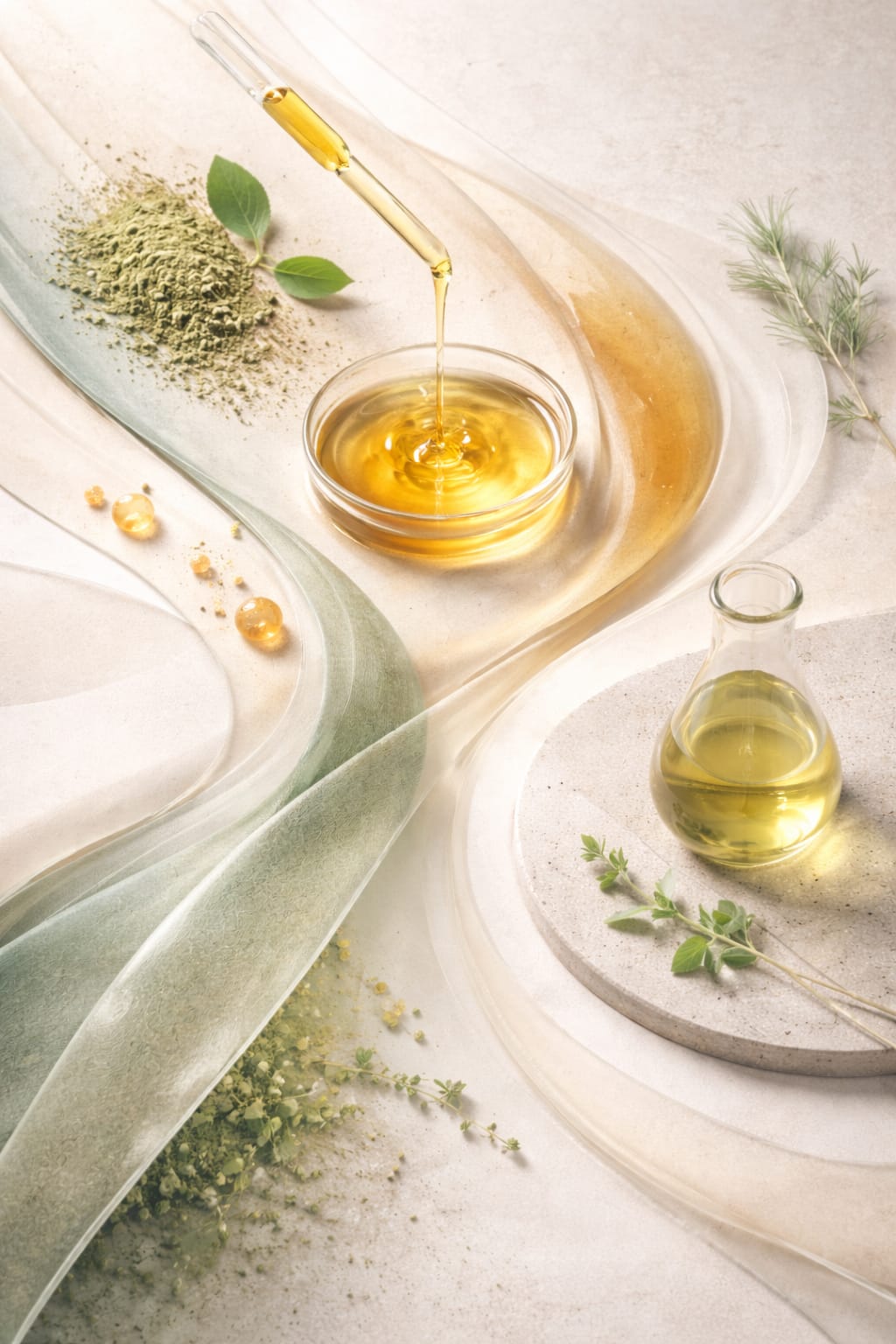aetrhon-botanical-delivery-process-concept Abstract composition showing the transition of natural botanical extracts through a gentle formulation process, symbolising how Aethron bridges traditional botanicals with modern delivery science.