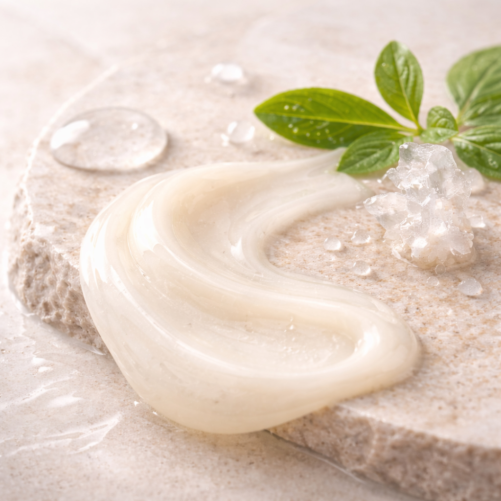 aevora-barrier-respecting-cleansers-abstract-02 Close-up of a smooth, opaque cream texture resting on a matte mineral surface in soft neutral tones, representing a gentle, barrier-respecting cleanser within a premium skincare formulation.