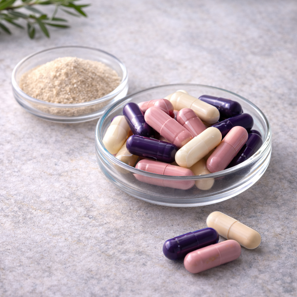 aevora-bio-available-compounds-01 paque deep violet, muted pink and ivory capsules arranged on a soft neutral stone surface in natural light, representing structured internal nutritional support within the Aevora system.
