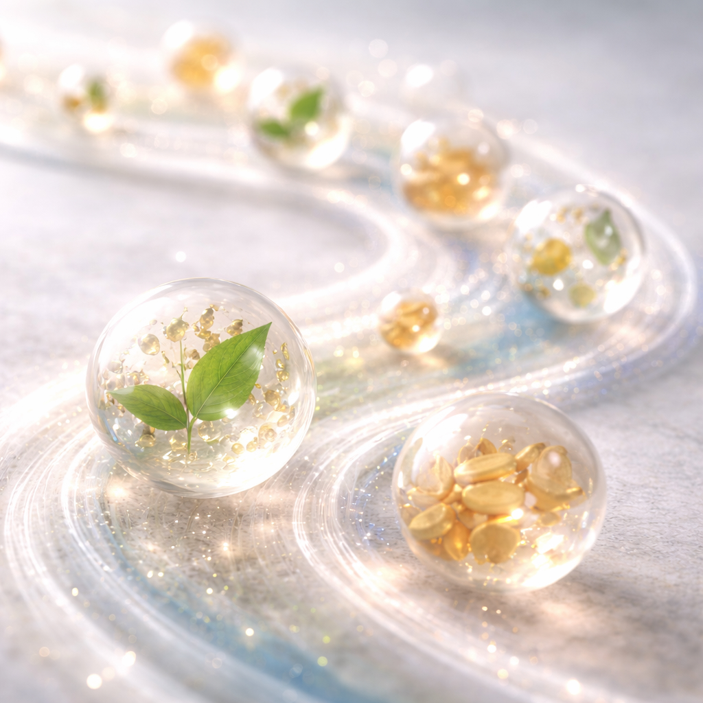 aevora-compatability-and-delivery-01 Abstract illustration of encapsulated ingredients flowing in a structured, curved pathway, representing compatibility and coordinated delivery within the Aevora system.