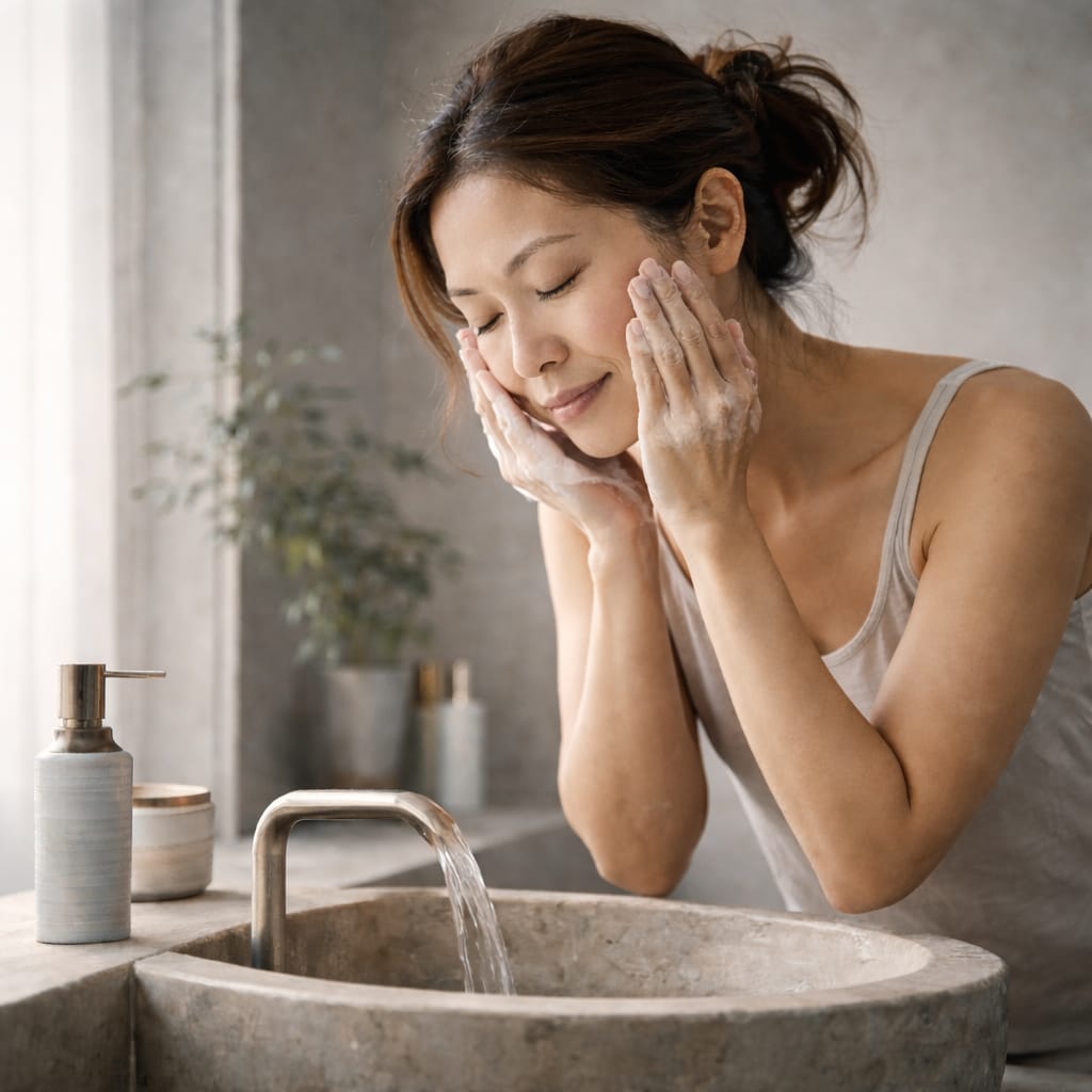 aevora-daily-ritual-cleanse-03 Asian woman in her mid-40s gently cleansing her face with a light foaming cleanser at a minimalist stone basin in soft natural morning light, reflecting calm daily skincare ritual.