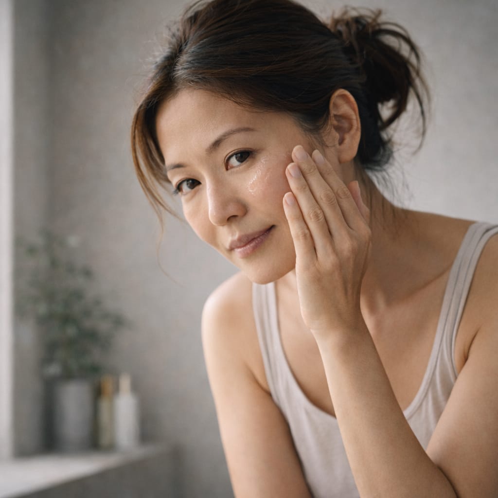 aevora-daily-ritual-restore-03 Asian woman in her mid-40s gently pressing serum into her cheek in soft natural light, calm expression and minimalist mineral-toned interior reflecting structured daily skincare ritual.