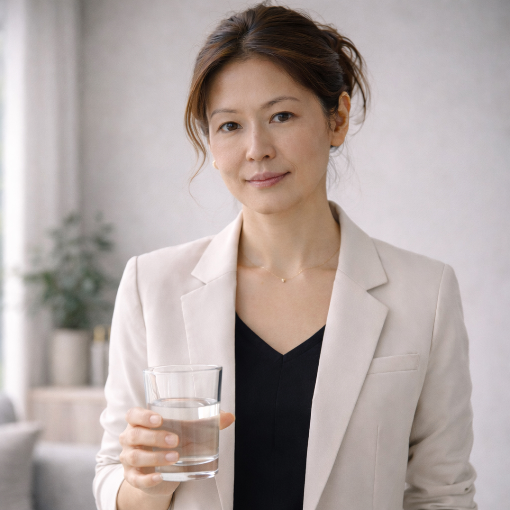 aevora-daily-ritual-support-06 A woman looking at the camera after having taken her Aevora supplements as part of her daily care routine,.