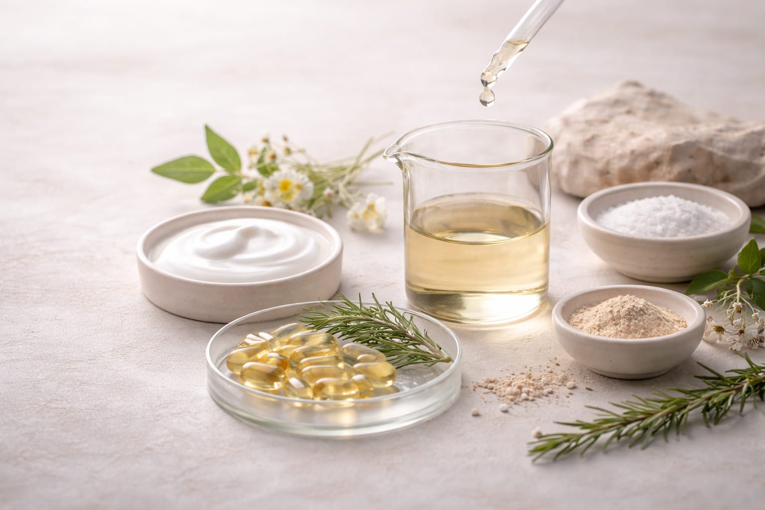 aevora-formultion-philosophy-balanced-hybrid-01 Balanced composition of coloured capsules and refined glass serum vessels arranged on a neutral stone surface, representing Aevora’s precision formulation philosophy and integrated internal and topical design.