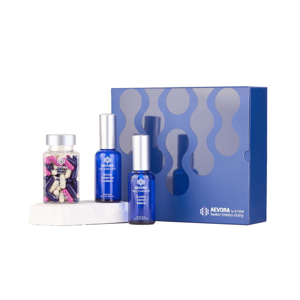 aevora-ritual-renewal Aevora renewal skincare system by Aethron featuring cleanser, anti-aging serum, and supplement capsules presented in premium blue packaging.