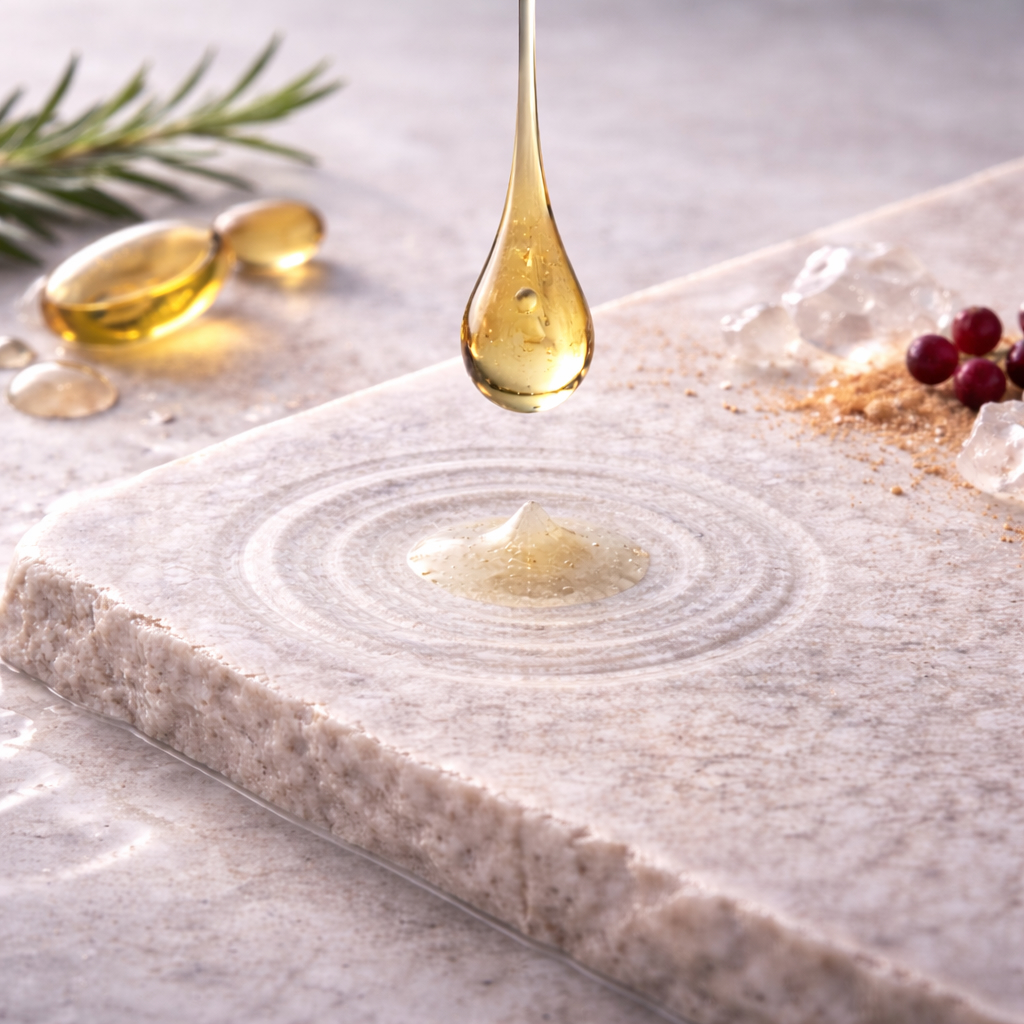 aevora-targeted-delivery-abstract-04 Square close-up of a golden serum droplet descending onto a mineral stone surface, surrounded by natural extracts and capsules, representing targeted topical actives and controlled delivery.