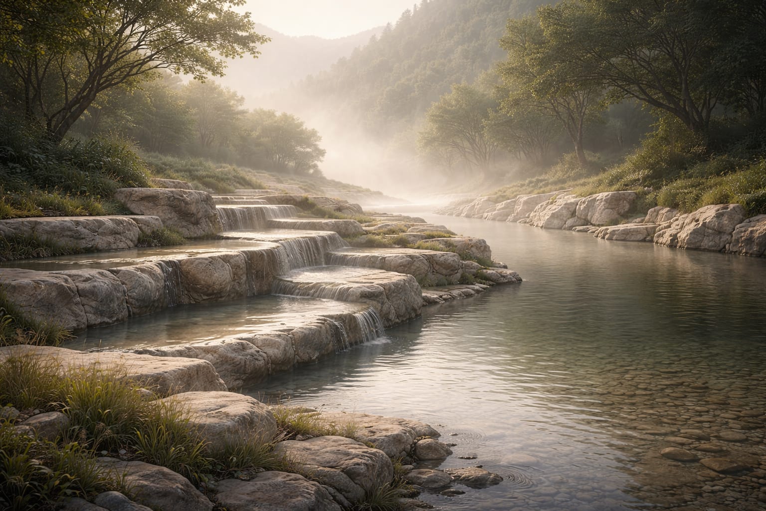 aevora-terraces-aethron Serene terraced mineral landscape in Everveil, soft dawn light over layered stone formations and gentle renewal waters, representing the land of Aevora in Aethron.